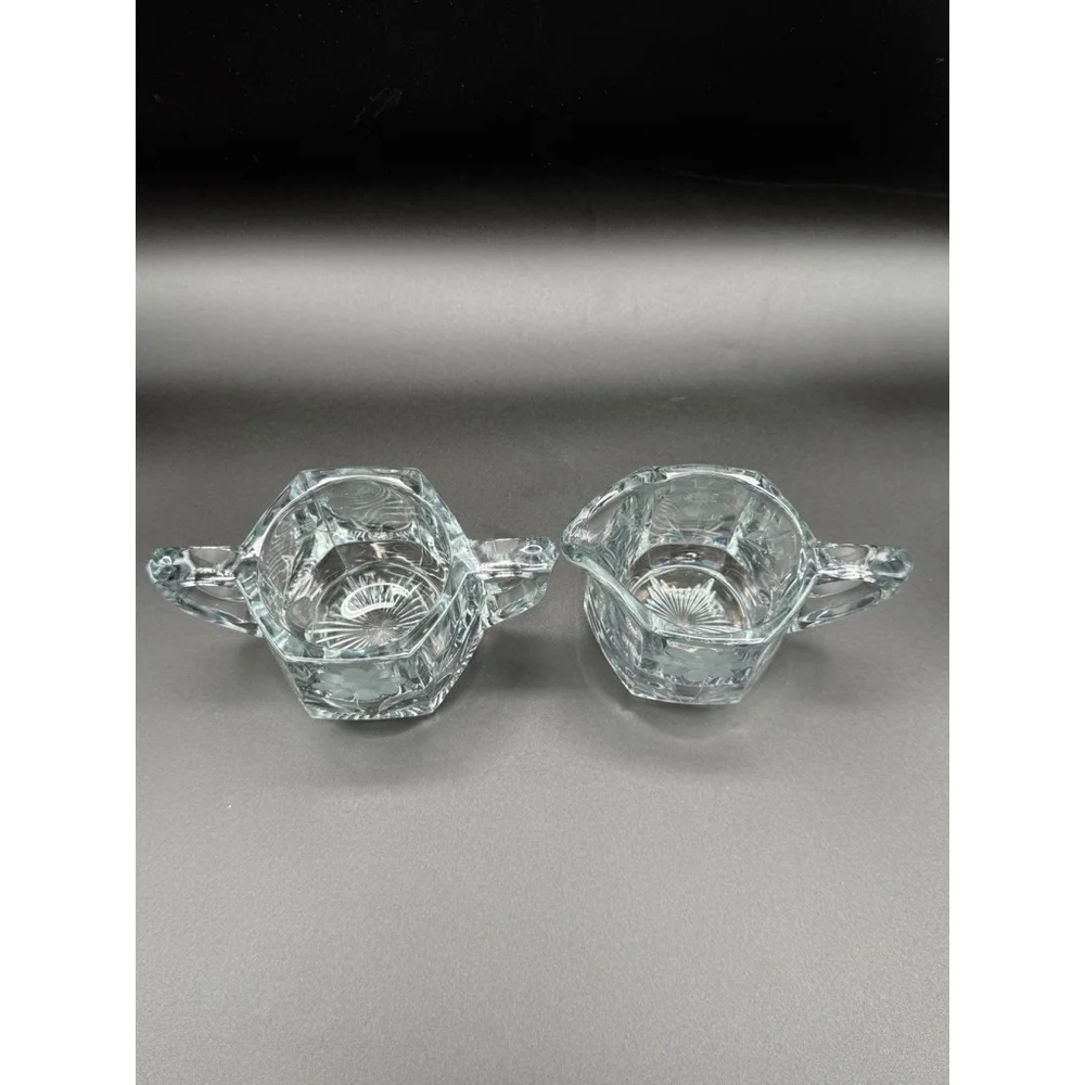 Vintage Heavy Glass Hexagon Creamer and Sugar Bowl Set Etched Floral Daisy